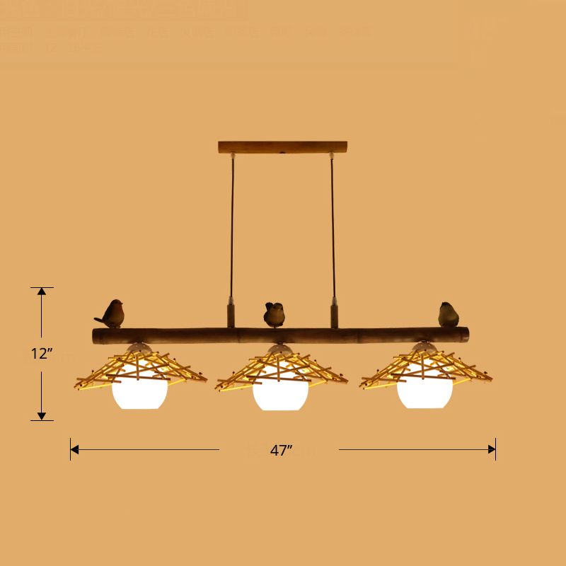 Cottage conico Isola Light Bamboo Bamboo Accensione in legno con ombra di vetro bianco cupola