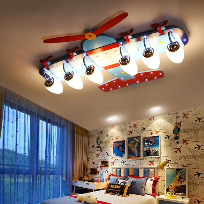 Plafonnier à hélice en bois pour chambre de bébé, plafonnier de dessin animé en bleu