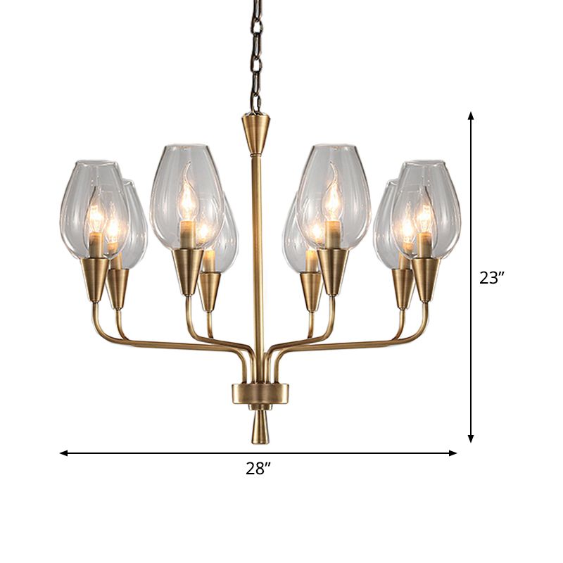 Clear Glass Cup Hanging Lighting Modernism 8-Head Pendant Chandelier in Brass with Curved Arm