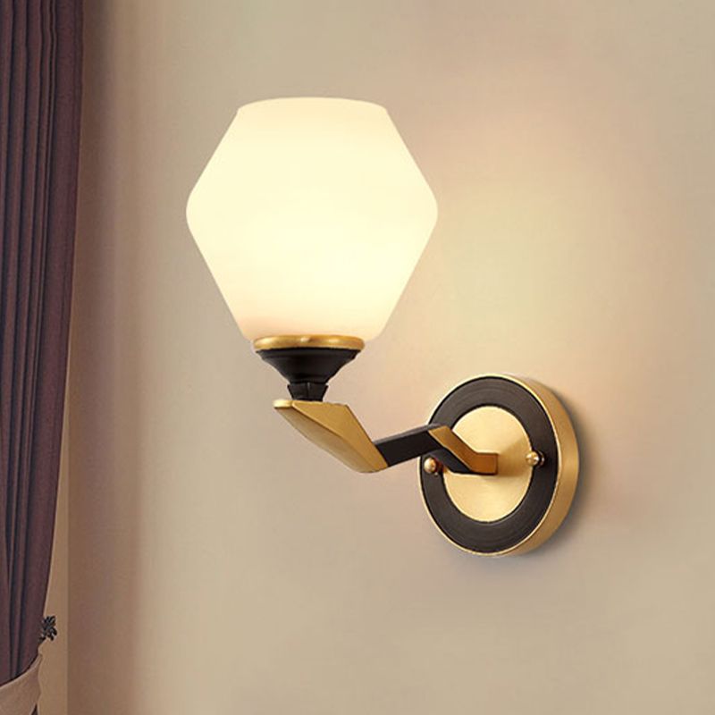 1/2-Bulb Hexagon Wall Light Sconce Classic Black and Gold Frosted Glass Wall Lighting Fixture