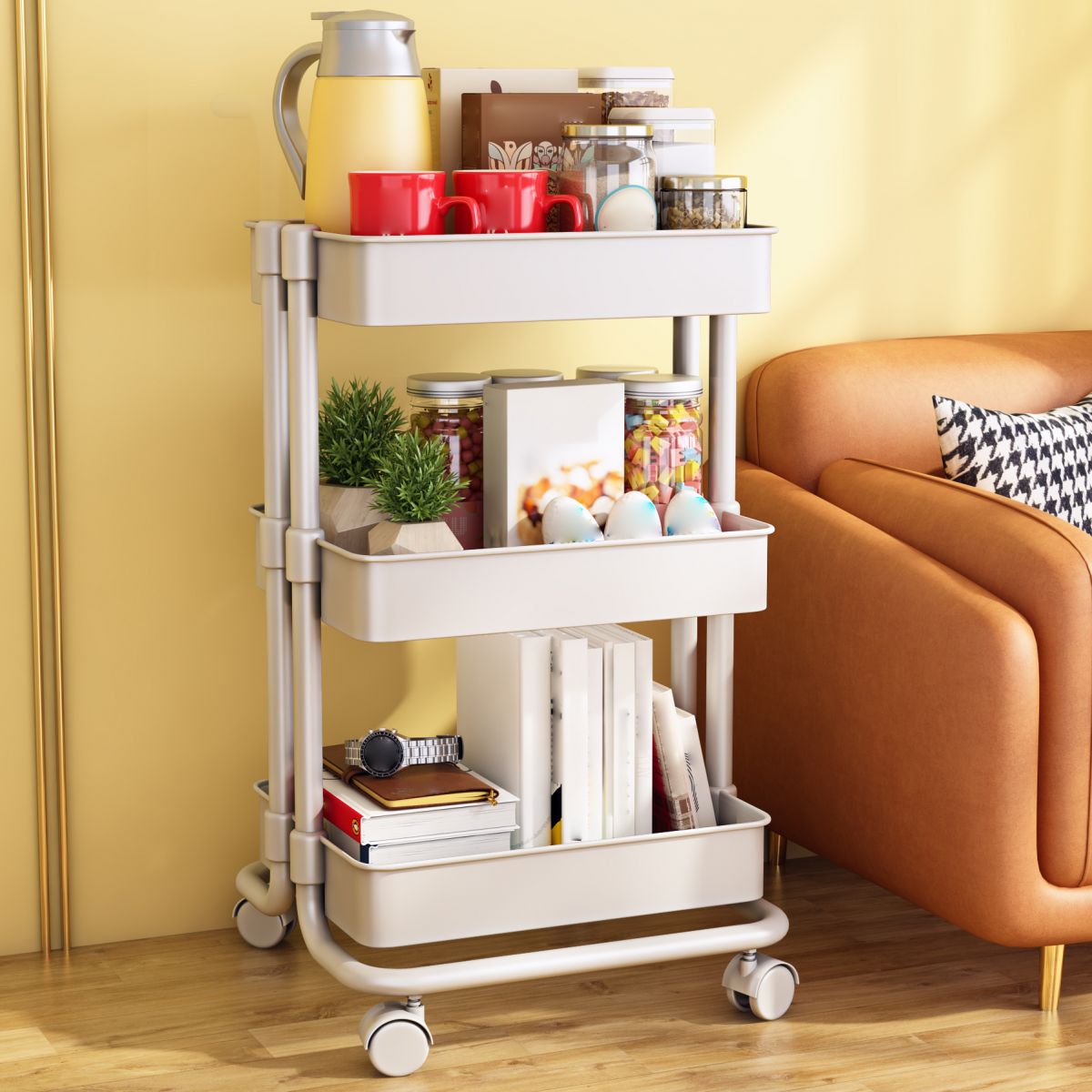 Movable Plastic Bookshelf Nordic Home Open Bookcase with Casters