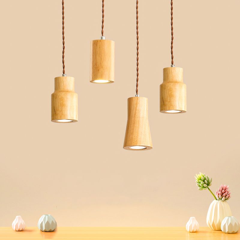 Geometric Shaped Ceiling Pendant Simple Wooden LED Kitchen Suspension Light in Beige