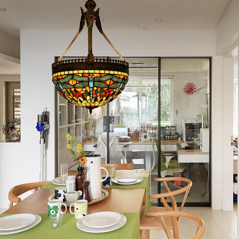 3 lichten Dragonfly kroonluchter verlichtingsarmatuur Tiffany -stijl Geel/oranje/roze en wit gebrandschilderd glas hangende lamp