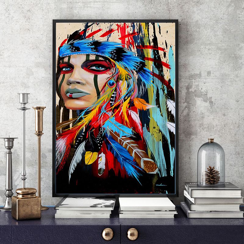 Tribal Indian Woman Wall Art for Studio Figure Painting Canvas Print in Red-Blue