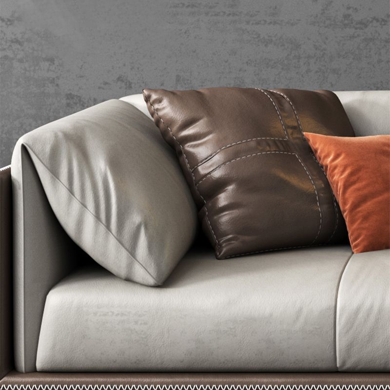 Pillow Top Arm Sofa Modern Leather Sofa with Pillows in Gray and Brown
