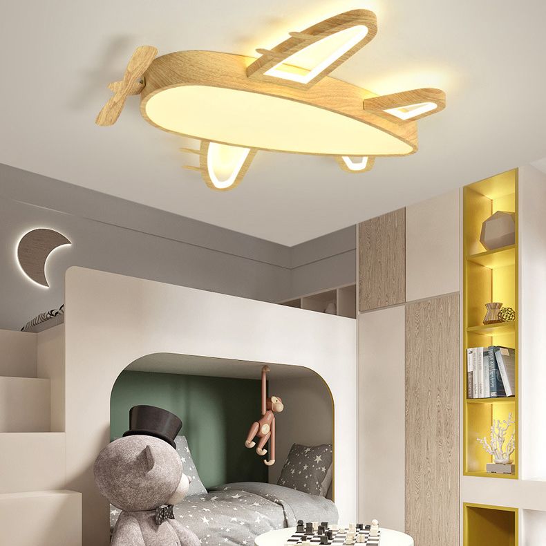 Wooden Airplane Shaped Ceiling Mount Light Cartoon LED Flush Light for Childrens Bedroom