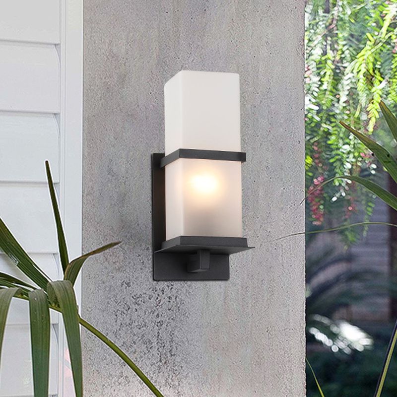 1 Head White Glass Wall Mounted Light Lodge Black Rectangle Courtyard Wall Lighting