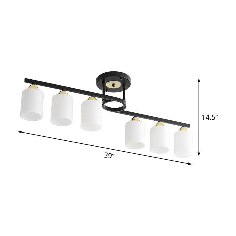 6-Light Living Room Semi Flushmount Modernism Black Ceiling Flush Mount with Cylinder Cream Glass Shade