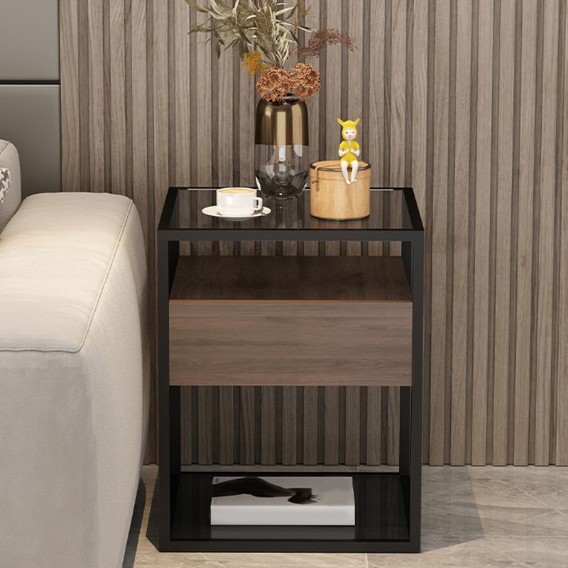 Square Glass/Stone Top End Table 21.26" Tall 1-Drawer Side Table with Storage Shelf