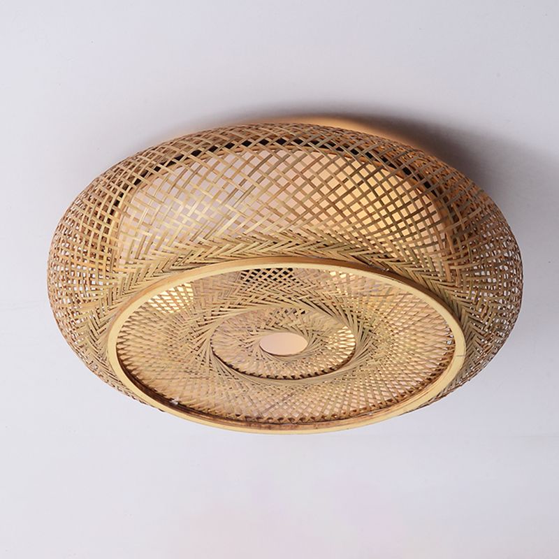 Wooden Circular Ceiling Light in Asian Simplicity Weave Bamboo Flush Mount for Corridor