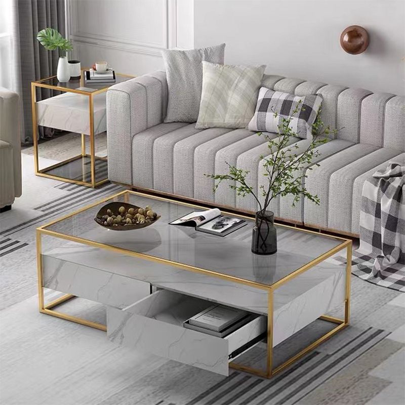 17.7" H Modern Rectangle Glass Coffee Table Metal Frame Cocktail Table with Storage