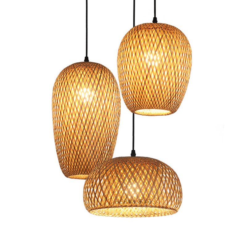 Asian Creative Drum Pendant Light Bamboo Weaving Hanging Lamp for Interior Spaces