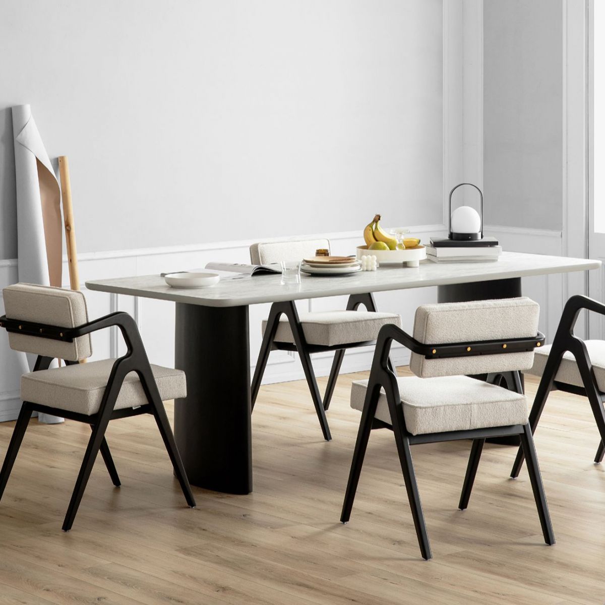 Contemporary White Retractable Wooden Dining Table with Double Pedestal