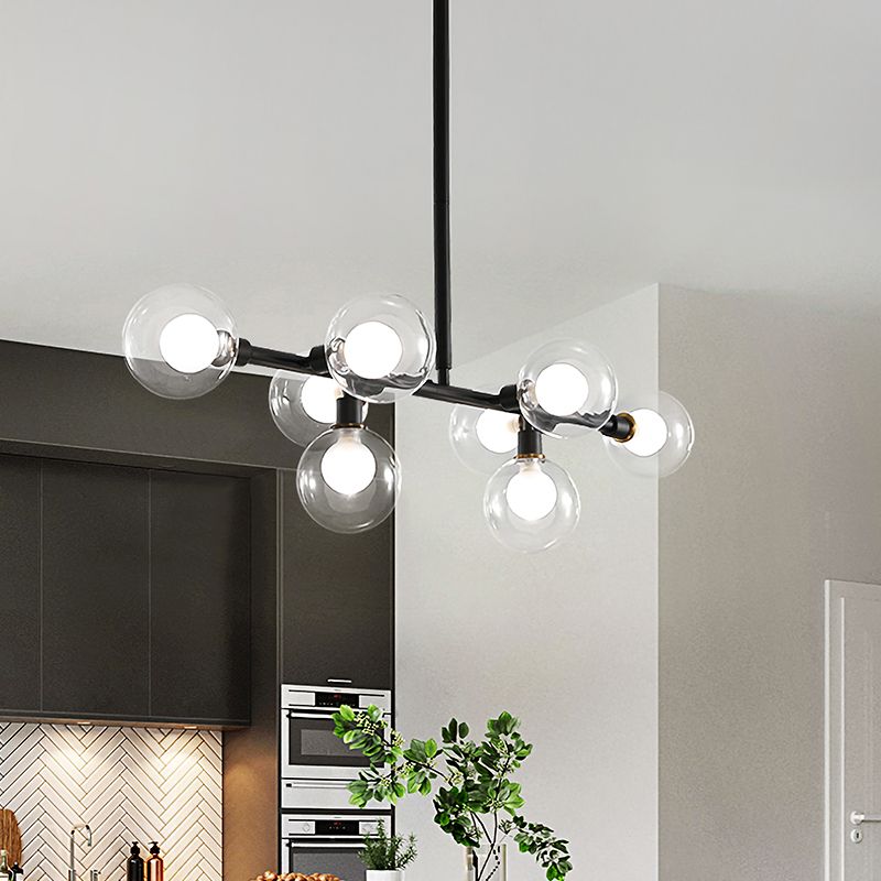 8 Heads Kitchen Island Lamp Contemporary Black Hanging Light Kit with Round Clear Glass Shade