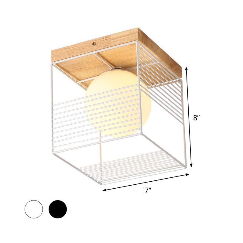 Lámpara de techo pequeña de jaula cúbica en blanco y negro, lámpara empotrada de hierro nórdica de 1 cabezal con pantalla de cristal de bola interior y dosel de madera