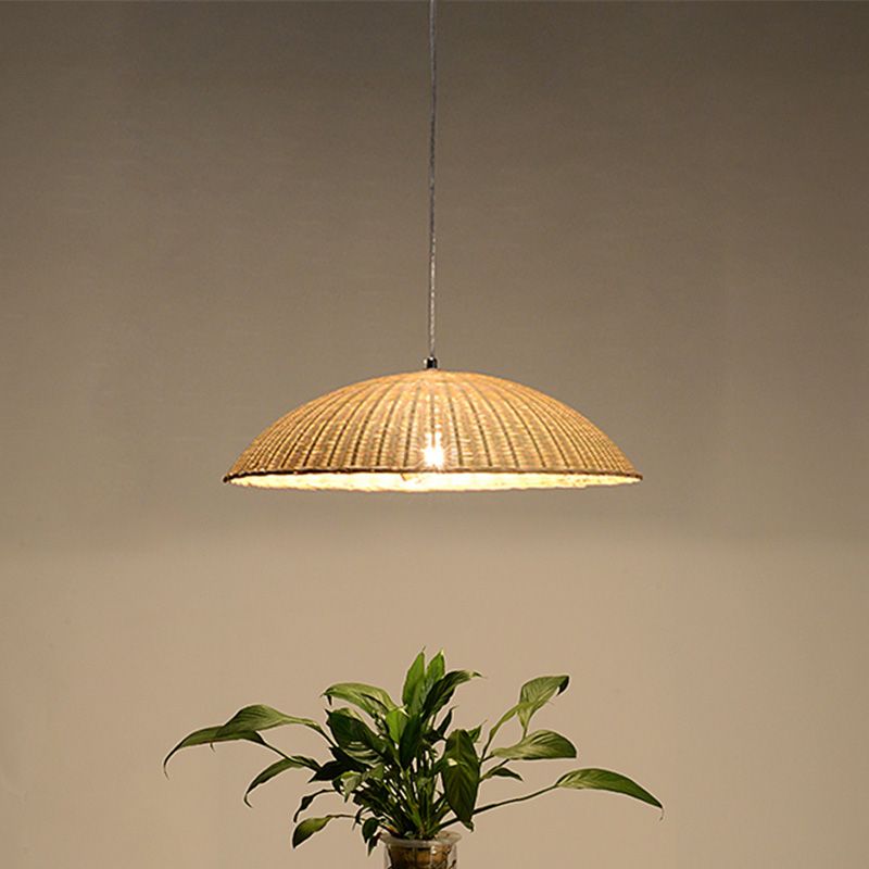 Domed Ceiling Lamp Asian Bamboo 1 Head Flaxen Hanging Pendant Light for Living Room