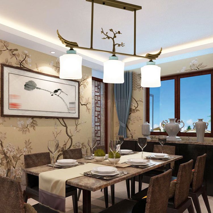 Modern Style Cylindrical Shape Island Lights White Glass 3 Light Island Lighting in Bronze