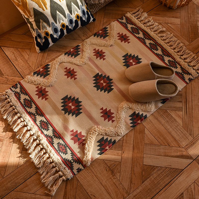 Bohemian Americana Rug Khaki Tone Cotton Blend Rug Washable Carpet with Fringe for Home Decor