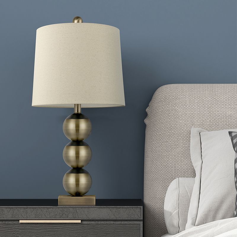 1 Head Barrel Night Light Traditional Brown Fabric Reading Book Lighting with 3 Brass Orbs Design