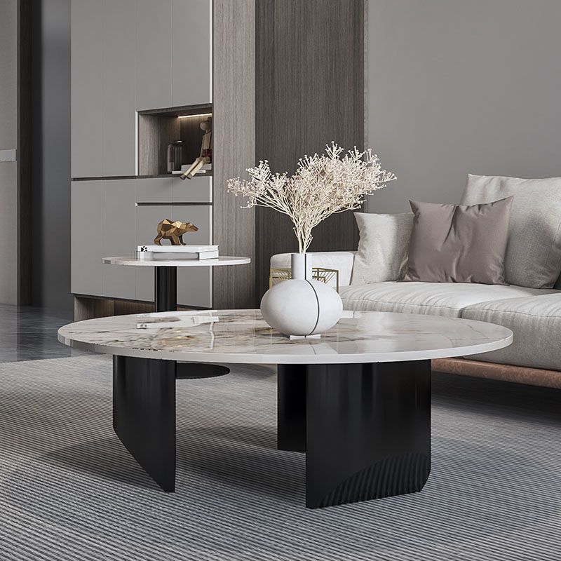 Round Coffee Table in Black Luxurious Stone Top Cocktail Table