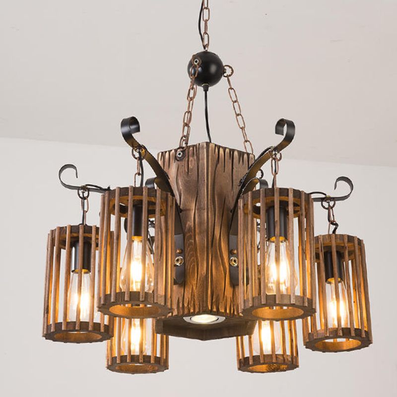 Farmhouse Cylindrical Cage Chandelier Light Wooden Hanging Lamp Kit for Dining Room