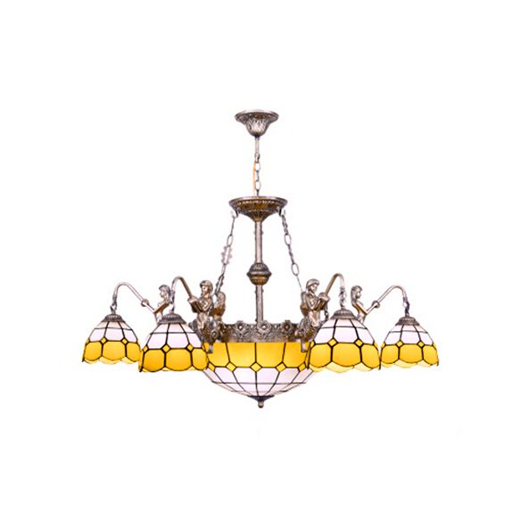 9 Lights Pendant Lighting Tiffany Domed Stained Glass Chandelier Lamp in Yellow for Dining Room