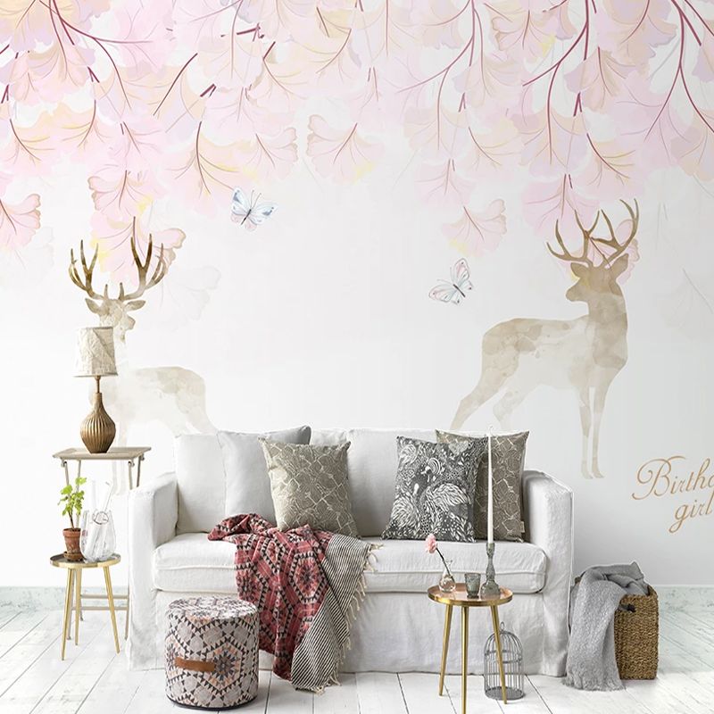 Illustration Deer and Stem Mural Extra Large Wall Art for Accent Wall, Custom Size Available