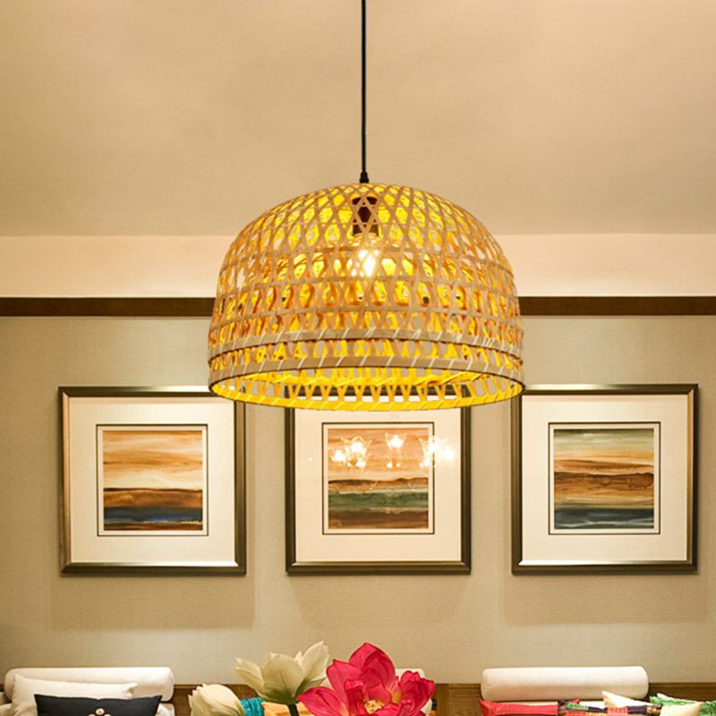 Brown/Wood Dome Shade Hanging Light Modern Style 13"/21" Dia 1 Light Bamboo Pendant Lamp for Restaurant