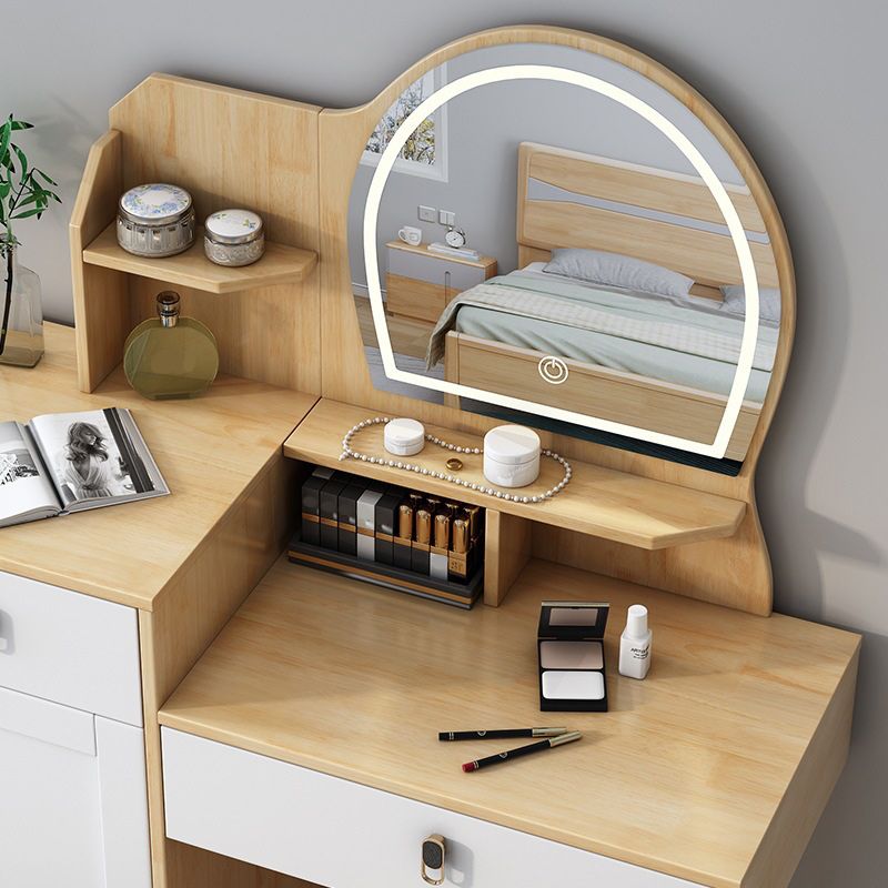 Rubberwood Vanity Set with Stool and Mirror Scandinavian Drawers Dresser
