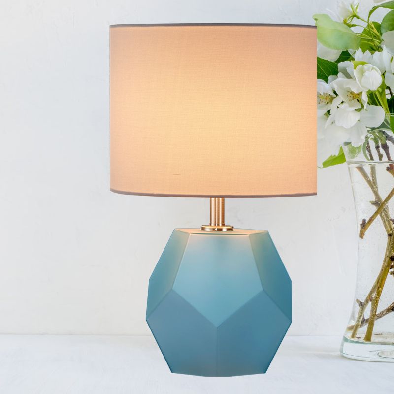 Single-Bulb 3D Hexagon Table Lamp Modern Grey/Pink/Yellow Glass Night Light with Drum Fabric Shade