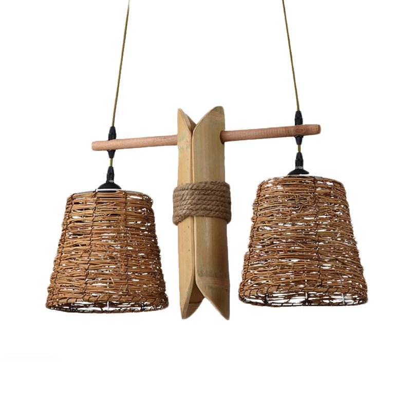 Rope Barrel Hanging Chandelier Farmhouse 2 Lights Restaurant Pendant Lamp in Beige with Bamboo Panel Deco