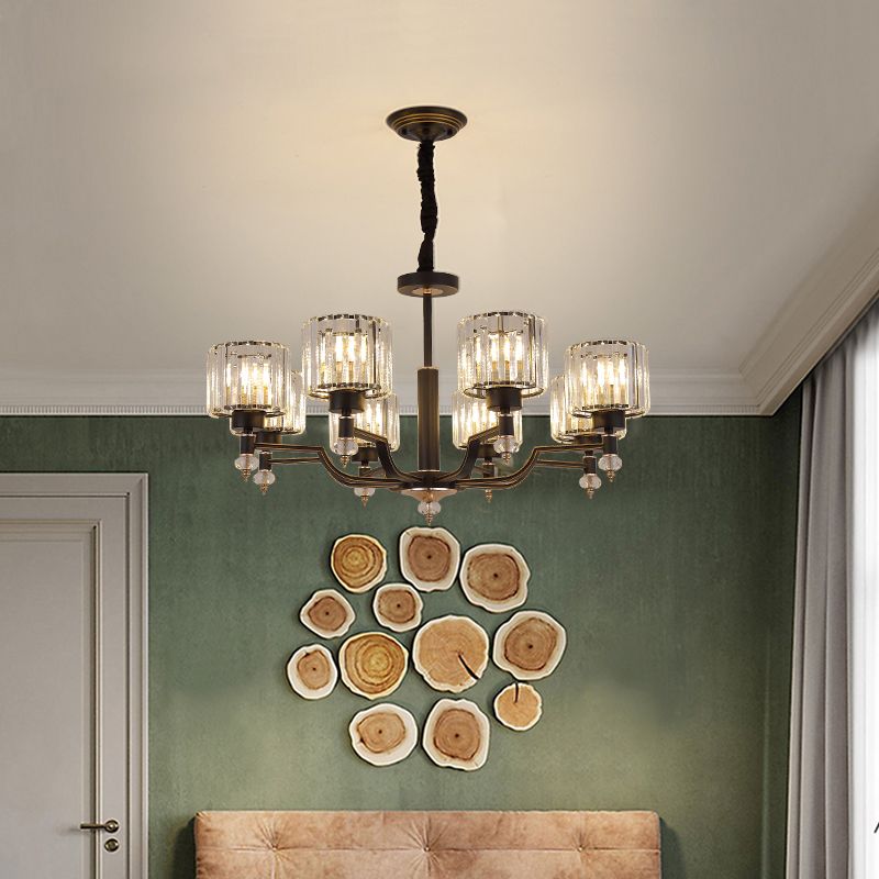 Minimalist Style Up Chandelier Black Cylindrical Suspension Light with Crystal Shade