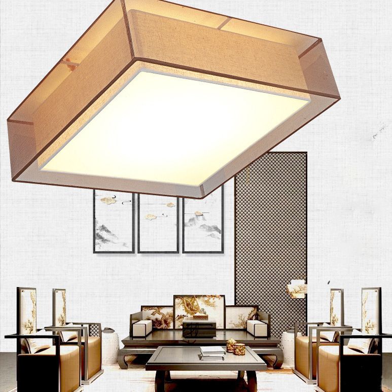 Brown Square Ceiling Light in Traditional Concise Style Wrought Iron Flush Mount with Fabrics Shade