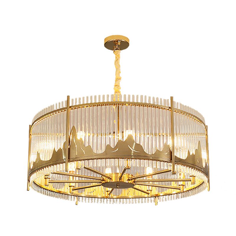 Strip Crystal Gold Affermazione del lampadario Forma del tamburo a 8 luci MODERSTRISTA sospesa con motivo a montagna