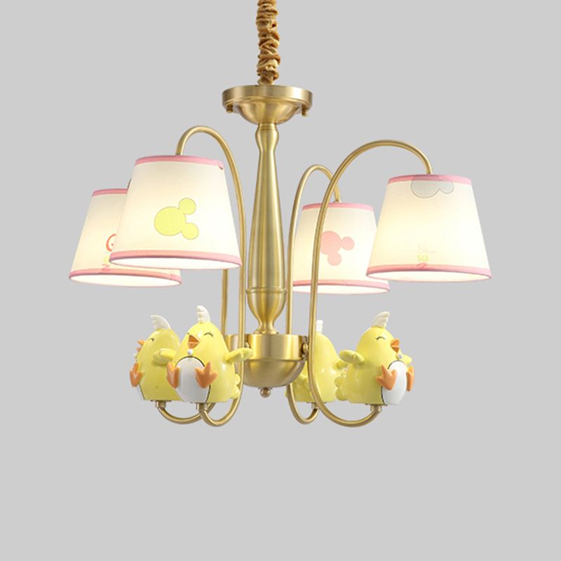 Patterned Fabric Tapered Chandelier Lighting Cartoon Gold Pendant Light with Resin Animal