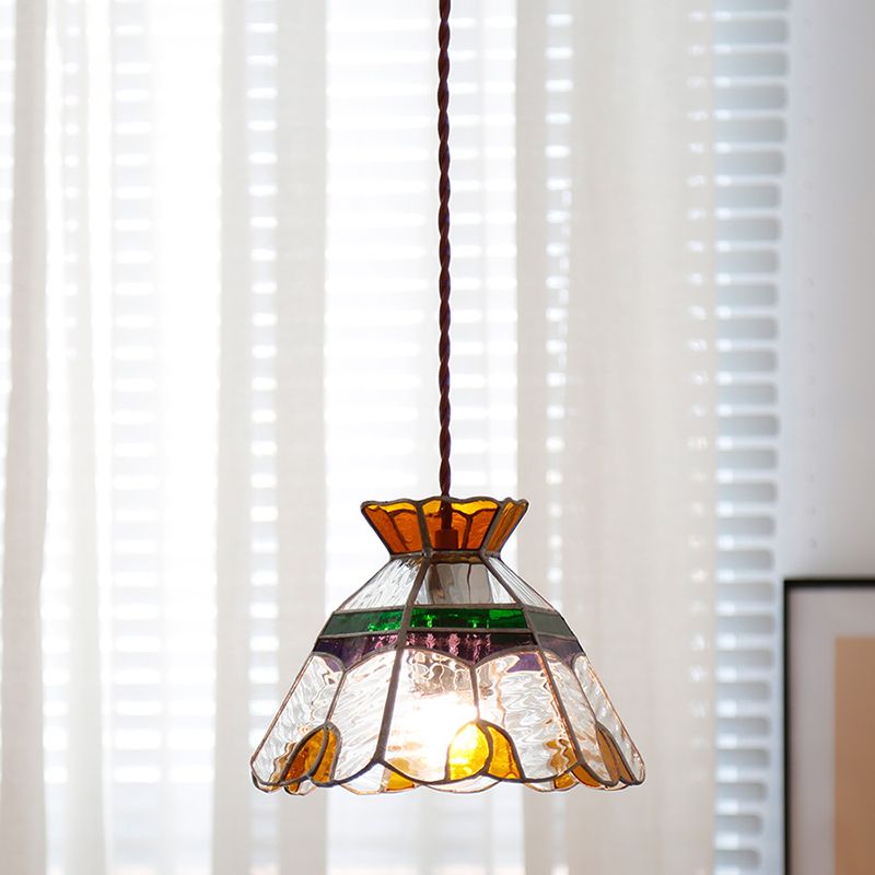 1-Light Bell Hanging Lamp Tiffany Coffee Finish Stained Glass Pendant for Dining Room