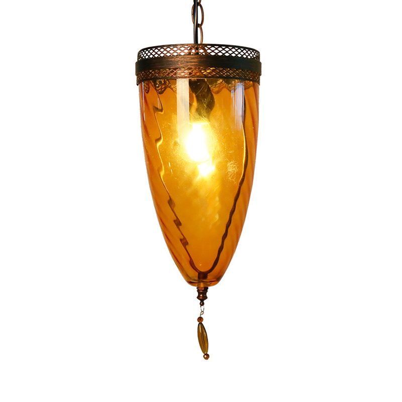 Amber Glass Black Suspension Lamp Tapered 1-Head Retro Style Chain Hanging Ceiling Light with Grid Trim