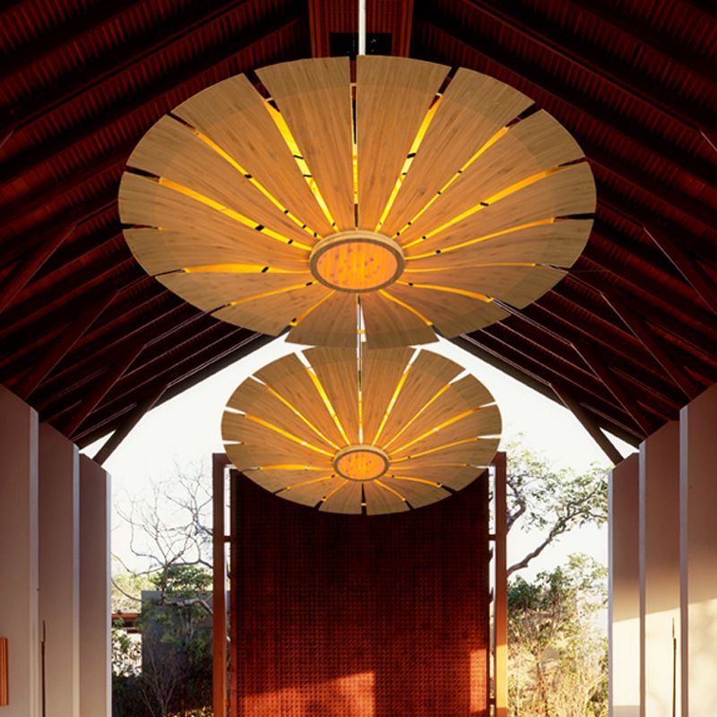 Deckenlampe Flying Saucer Asian Holz 19,5 "/27,5" breit 1 Glühbirnenanpendelleuchte Leuchte