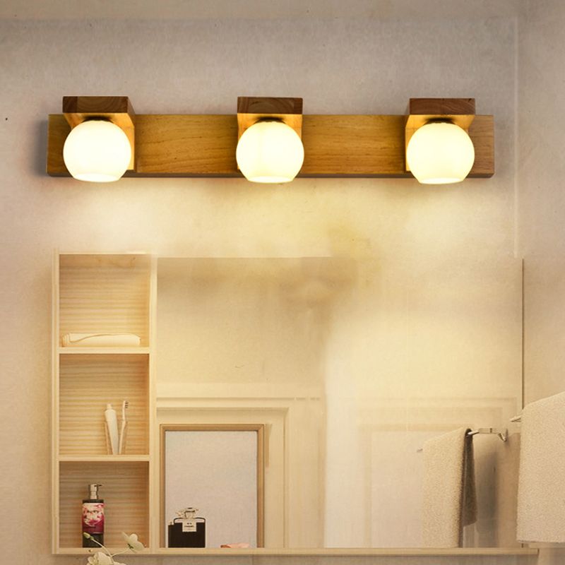Wood Ball Mirror Wall Light Modern Multi Lights Wall Mounted Light Fixture in Brown