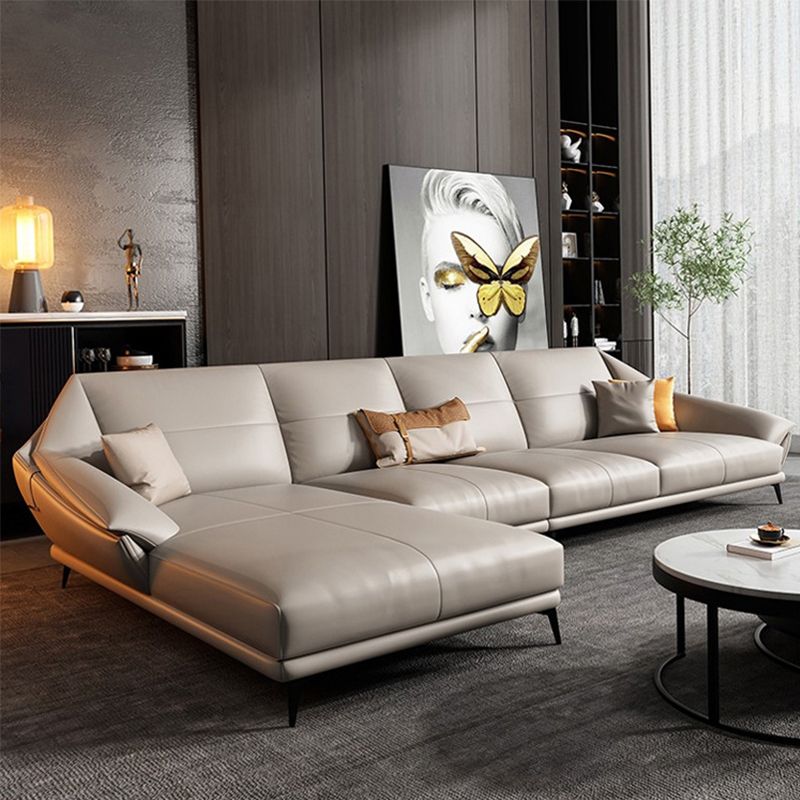 Glam Sofa Chaise Stationary Genuine Leather Flared Arm Cushions Seating