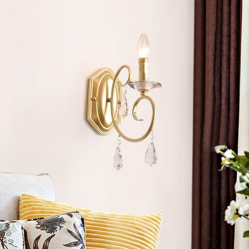 Modern Style Metal Wall Lamp 1 Light Candle Sconce Lamp with Clear Crystal Deco in Gold for Corridor