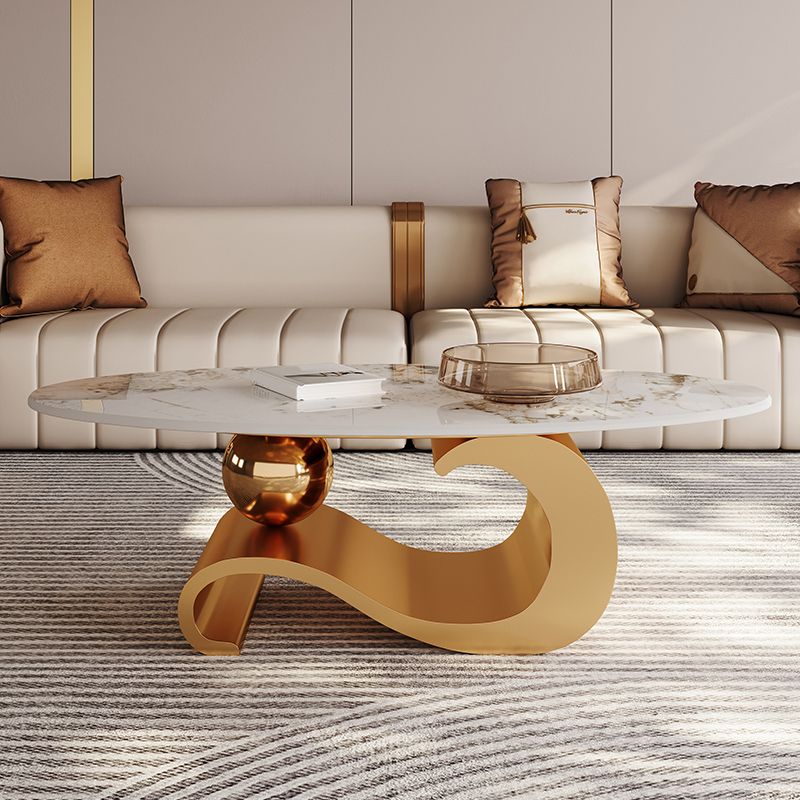 Stainless Steel Abstract Base Cocktail Table Oval Slate Top Coffee Table