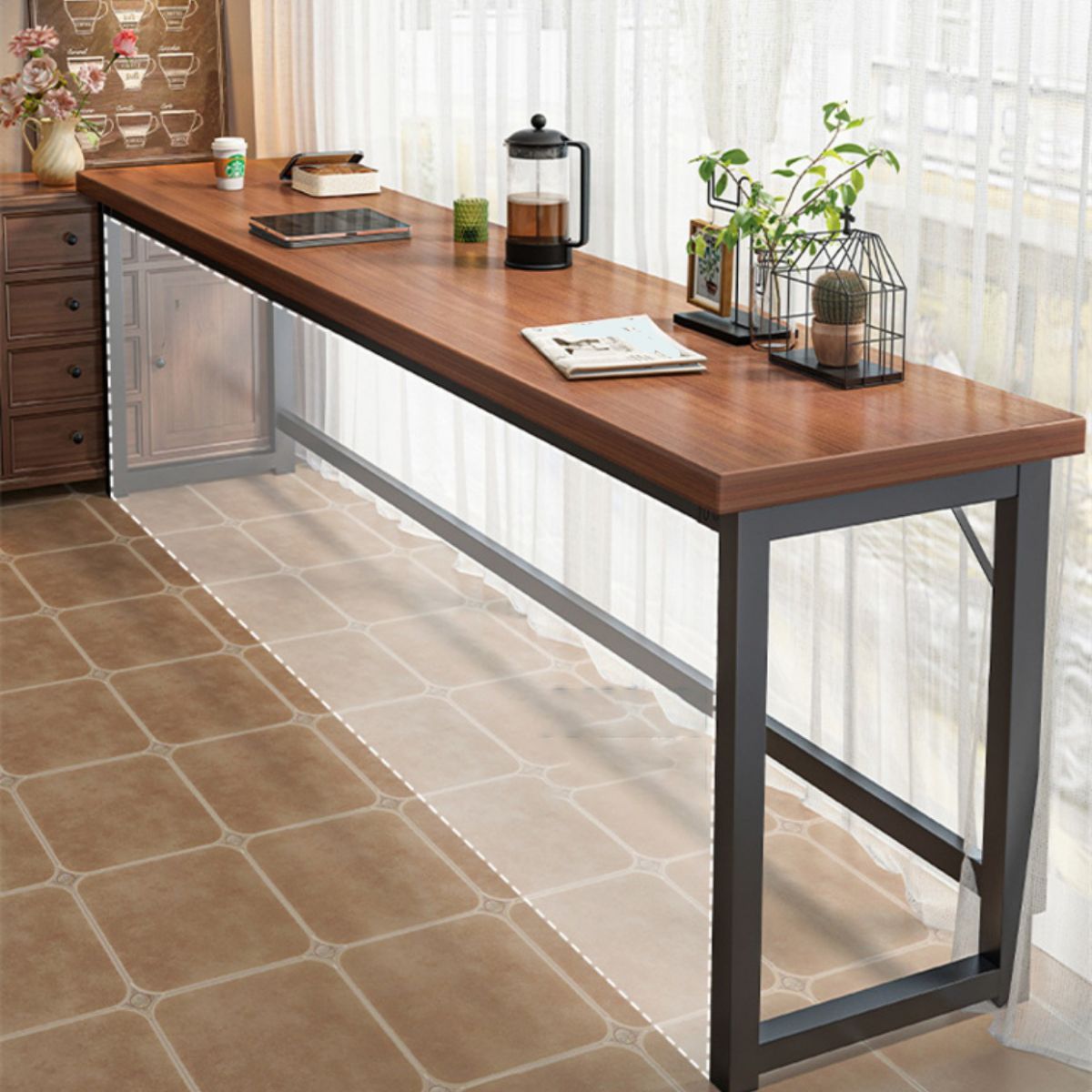 Industrial Style Bistro Bar Table Wooden Rectangle Metal Base Bar Table