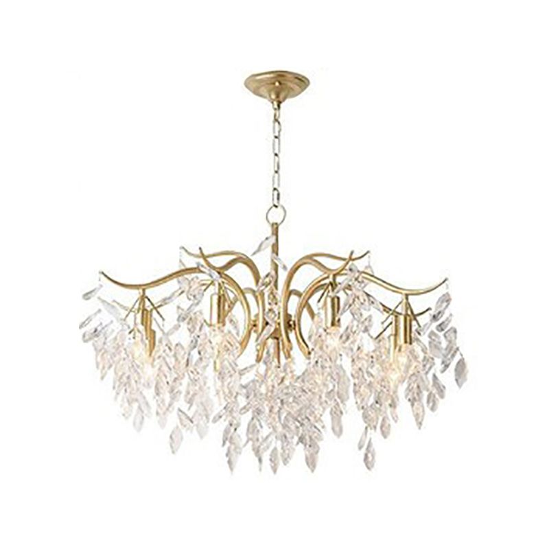 Crystal Leaf Pendant Light Fixture Country Style Living Room Chandelier in Gold