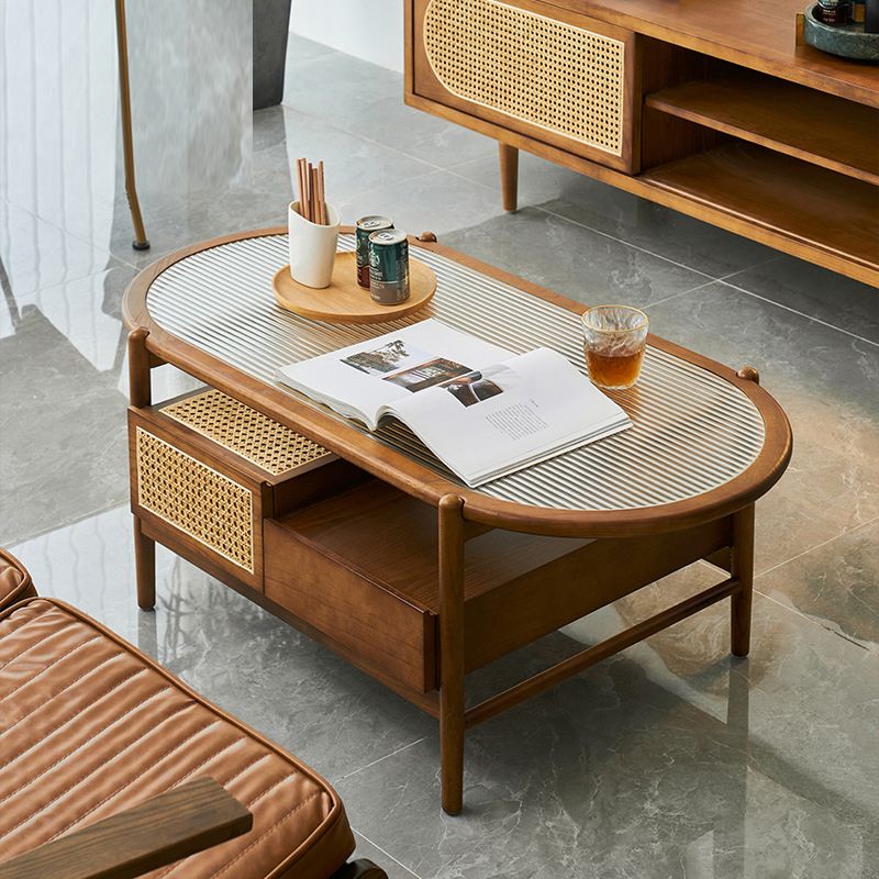 Modern Oval Glass Top Coffee Table with Shelf and 4 Drawers Cocktail Table