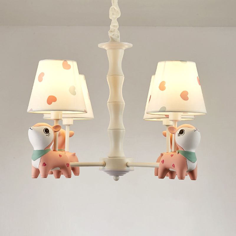 Cartoon Empire Shade Suspension Light Patterned Fabric Bedroom Chandelier Light with Resin Deer in Pink