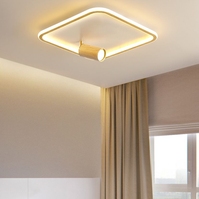 Squared Wood LED Flush Mount Modern Flush Bedroom Ceiling Lights with Spotlight