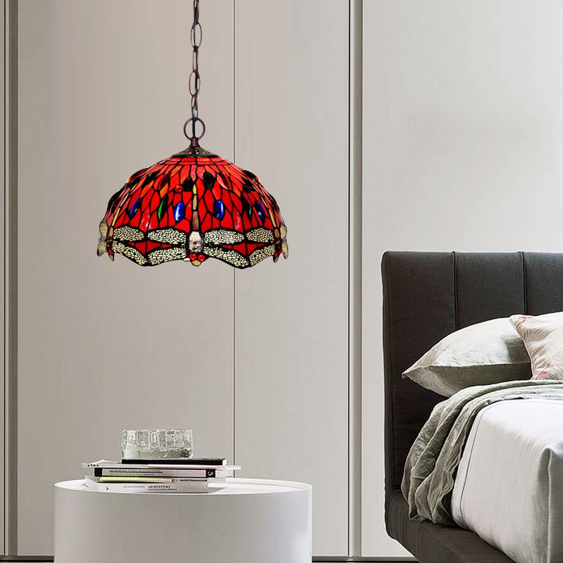 Dragonfly Pendant Lighting Fixture Victorian Red/Green Stained Glass 1 Light Hanging Ceiling Light