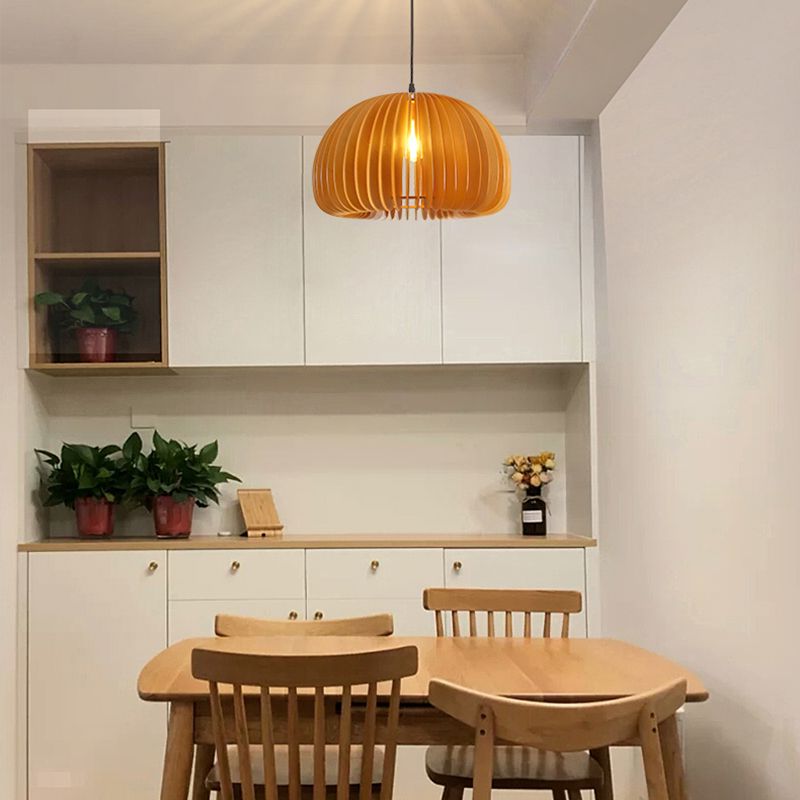 Japanese Style Pumpkin Hanging Light Wood Single-bulb Pendant for Dinning Room