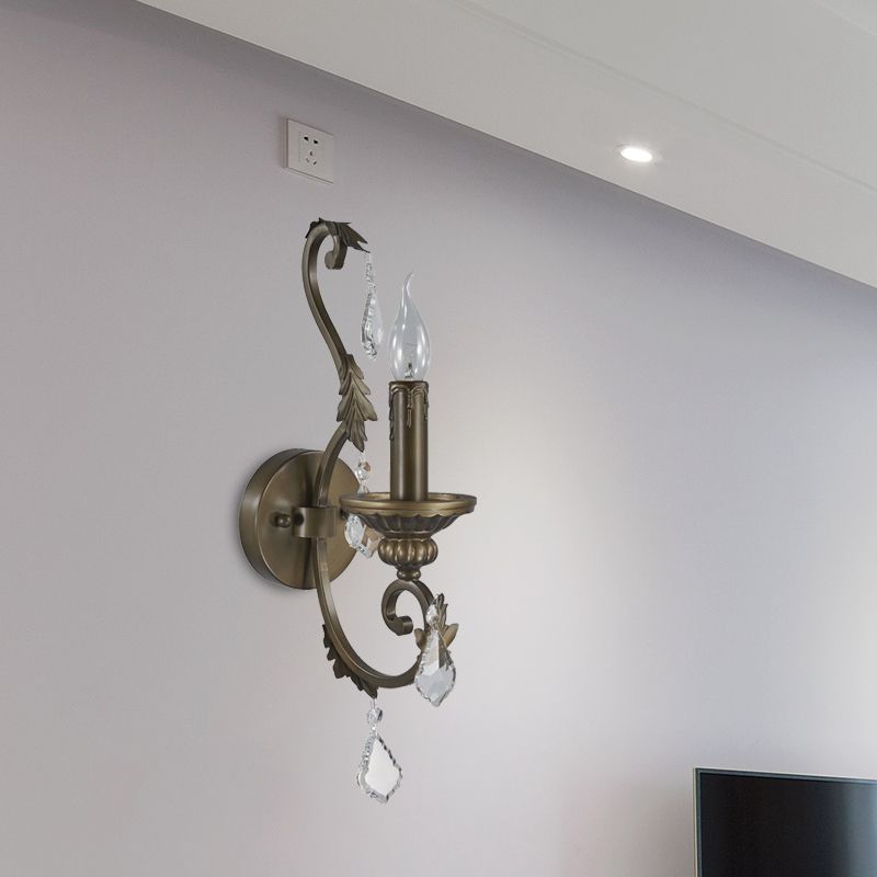 Rustic Candlestick Wall Lighting Fixture 1 Bulb Iron Wall Mounted Lamp in Bronze with Dangling Crystal Accent